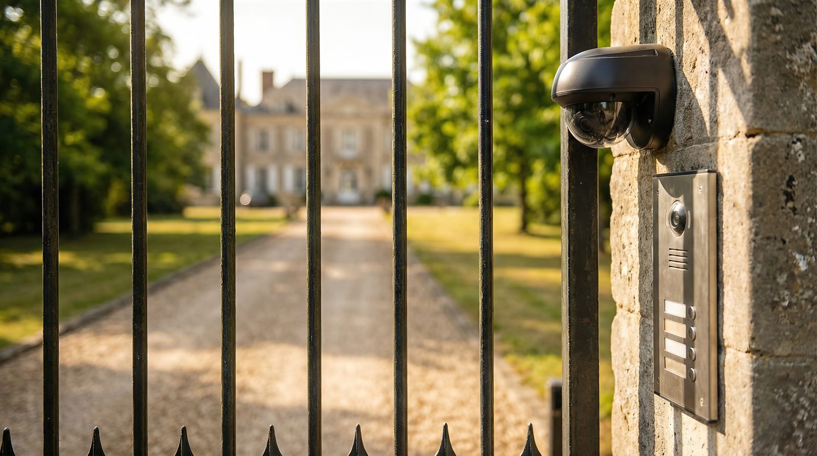 Close-up of a dome CCTV camera and video intercom panel mounted on a gated entrance, driveway and house in the background
